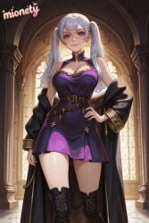 noelle_silva black_clover 1girl breasts solo purple_eyes twintails dress boots hand_on_own_hip belt cleavage looking_at_viewer smile large_breasts long_hair thighhighs short_dress bare_shoulders thigh_boots coat purple_dress clothing_cutout white_hair cleavage_cutout standing jewelry open_coat thighs sleeveless cross-laced_footwear black_coat closed_mouth grey_hair artist_name robe sleeveless_dress long_sleeves brown_footwear indoors earrings open_clothes smirk lace-up_boots brown_belt lips black_footwear off_shoulder character_name knee_boots black_belt buckle blue_dress window blush cowboy_shot mole_on_breast long_coat belt_buckle pillar contrapposto black_robe sidelocks o-ring_belt mionety ai_generated