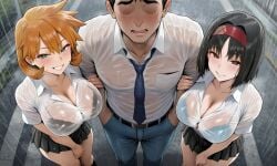kasumi_(pokemon) misty_(pokemon_hgss) pokemon erika_(pokemon) ai_generated hetero bangs belt black_bra black_clothes black_skirt black_underwear blue_bra blue_pants blue_underwear bra bra_visible_through_clothes clothing collared_shirt denim dress_shirt footwear hairband headwear jeans miniskirt necktie pants pleated_skirt red_hairband school_uniform see-through see-through_shirt shirt short_sleeves skirt socks underwear uniform wet_clothes wet_shirt white_shirt black_eyes black_hair blush breasts busty cleavage faceless faceless_male facial_hair female green_eyes huge_breasts large_breasts male orange_hair short_hair teeth thick_thighs thighs closed_mouth hands_in_pockets open_mouth seductive_smile smile standing looking_at_viewer seductive bodily_fluids rain sweat wet 1boy 2girls landscape multiple_girls outdoors