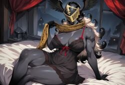paigen ai_generated original original_character sia_(paigen) monster_girl horror horror_(theme) 1girls female breasts large_breasts elf elf_girl drow long_hair blonde_hair platinum_blonde_hair black_hair two-tone_hair dark_skin muscles abs toned_body toned_female muscular muscular_female scarf armor armored_female helmet winged_helmet valkyrie clothed clothing clothes nightgown lingerie negligee underwear black_lips full_lips