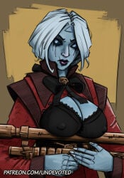 deadlock vindicta_(deadlock) undevoted blue_skin gun nipples weapon white_hair running_mascara valve blue_eyes ghost ghost_girl long_hair undead busty bra black_bra simple_background looking_at_viewer big_breasts breasts female female_only clothing clothed ponytail