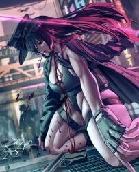 1girl absurdres belt black_belt black_eyes black_gloves black_hair black_jacket black_leotard black_necktie bleeding blood blood_drip blood_from_mouth blood_on_breasts blood_on_clothes blood_on_face blood_on_ground blood_on_neck breasts commentary commentary_request commission death deep_wound defeat empty_eyes ero_guro fingerless_gloves floating_clothes floating_hair from_below from_side gloves gun guro hat highleg highleg_leotard highres ie_(pixiv_101298631) injury jacket large_breasts leotard long_hair necktie no_panties no_pants open_clothes open_jacket original peaked_cap pixiv_commission police police_uniform policewoman sitting solo striped_clothes striped_jacket suit_jacket thick_thighs thigh_strap thighs toned toned_female wariza weapon