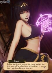 dochaunt24 nintendo fire_emblem_awakening tharja_(fire_emblem) stomach navel magic magic_circle black_lips black_lipstick lipstick from_side looking_at_viewer looking_to_the_side medium_breasts breasts very_long_hair long_hair black_hair black_eyes collarbone bare_shoulders shoulders bare_arms thick_thighs thighs bare_thighs indoors hand_up blunt_bangs bangs armpits imminent_attack smile grin female female_only solo 1girls