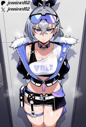 1girl ai_generated arms_behind_back black_jacket black_shorts breasts choker closed_mouth clothing crop_top crossed_bangs eyewear eyewear_on_head female fur-trimmed_jacket fur_trim goggles goggles_on_head grey_eyes grey_hair hair_between_eyes honkai:_star_rail honkai_(series) jacket jennieart02 long_hair looking_at_viewer medium_breasts midriff navel patreon patreon_logo patreon_username ponytail purple-tinted_eyewear ribbon shirt short_shorts shorts silver_wolf_(honkai:_star_rail) single_bare_shoulder solo standing sweat thigh_strap thighs twitter twitter_username watermark white_shirt