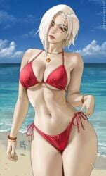 bare_shoulders bare_thighs beach bianca_(sciamano240) big_breasts detailed_background looking_at_viewer mirco_cabbia original original_character red_bikini red_bikini_bottom red_bikini_top red_eyes red_face_paint red_lipstick sciamano240 sea seaside short_hair white_hair wide_hips wide_thighs