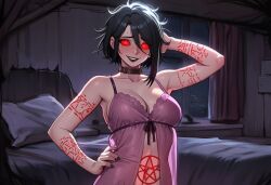 1girls ai_generated alastrine_(paigen) arm_tattoo black_hair black_lips breasts choker cloth clothed clothes clothing collar cultist female freckles glowing glowing_eyes glowing_tattoo horror horror_(theme) lingerie medium_breasts medium_hair negligee nightgown original original_character paigen pubic_tattoo red_sclera runes tattoo underwear white_eyes