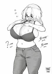 1girl absurdres adjusting_bra alternate_breast_size_(larger) bangs_pinned_back belly big_breasts black-framed_eyewear black_and_white blush bra breasts breasts_squeezed_together bursting_breasts busty cleavage commentary commission curvy denim dressing embarrassed english_commentary female frustrated gigantic_breasts glasses greyscale h_cup hand_on_breast highres huge_breasts inconvenient_breasts inne_sulistya_robin jeans k_cup large_breasts long_hair looking_at_own_breasts love_handles midriff monochrome muffin_top navel nervous_sweating no_shirt norman_maggot original pants shirtless solo source_request standing strap_gap sweat sweatdrop sweating thin_waist undersized_bra undersized_breast_cup undersized_clothes underwear veins veiny_breasts voluptuous voluptuous_female white_background wide_hips