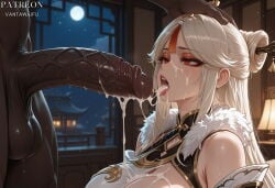 vantawaifu ai_generated ningguang_(genshin_impact) genshin_impact interracial 1girl dark-skinned_male female male semen 1boy penis breasts clothing cum bangs cum_in_mouth red_eyes hetero white_hair large_breasts long_hair dark_skin open_mouth hair_ornament nipples tongue after_fellatio cum_on_tongue tongue_out night veins facial moon tassel erection testicles veiny_penis cum_on_breasts jewelry large_penis bare_shoulders cum_on_body hair_stick solo_focus cum_string indoors tassel_hair_ornament hand_on_another's_head night_sky blush dress makeup huge_penis sweat fur_trim fur_collar parted_bangs from_side interspecies saliva sidelocks sky full_moon looking_at_penis window cumdrip oral chinese_clothes nude upper_teeth_only upper_body cum_on_hair fellatio artist_name dark_penis detached_sleeves lantern