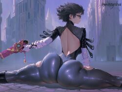 split from_behind big_ass thick_thighs holding_gun ai_generated marshalperv pervmarshal female 1girls shiny_skin short_hair black_hair bayonetta bayonetta_(character) latex_suit solo_female