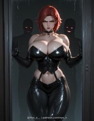 1girl ai_generated bare_shoulders black_choker black_gloves black_pants bloodrayne breasts choker cleavage collarbone curvy doorway elbow_gloves gloves glowing glowing_eyes green_eyes huge_breasts large_breasts latex latex_gloves leather lips looking_at_viewer navel nyx_x pants parted_lips rayne red_eyes red_hair red_lips sensitive shiny shiny_clothes short_hair smile solo thighs wet