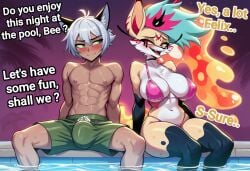 ai_generated big_boobs big_breasts bikini boobs breasts bulge bulge_through_clothing bulge_under_clothes cocky69 comic_page demon demon_girl english_text felix_the_wolf female fit fit_body fit_male fox_ears fox_girl fox_tail helluva_boss hi_res male male/female queen_bee-lzebub_(helluva_boss) sexy sexy_body sexy_female shorts swimming_pool text wolf_boy wolf_ears wolf_tail