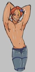 1boy blushing butterfly_(planetronika) cheeky cheeky_smile cute f1zztastic feminine_male gay genderswap_(ftm) grey_background grey_pants hair_ornament hair_pin hip_dips hip_vent hips lowres male male_only nipples no_visible_genitalia orange_hair pants pants_only planetronika pretty pretty_boy rule_63 shirtless shirtless_(male) shirtless_male showing_armpits showing_off smooth_skin smug smug_face smug_smile solo tan_skin twink