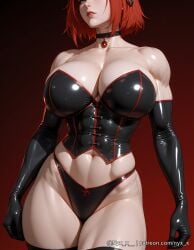 1girl ai_generated bare_shoulders black_choker black_gloves black_panties black_thighhighs bloodrayne breasts bustier choker cleavage collarbone corset cowboy_shot elbow_gloves gloves gradient gradient_background green_eyes highleg large_breasts latex latex_gloves looking_at_viewer muscular navel nyx_x panties parted_lips rayne red_background red_hair sensitive short_hair solo thighhighs thighs underwear