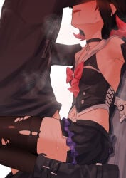 1boy 1girl absurdres angels_of_delusion black_hair blush boots bow choker commentary drooling hetero highres kukiyuusha light-skinned_female multicolored_hair nangong_yu_(rhapsody's_muse)_(zenless_zone_zero) nangong_yu_(zenless_zone_zero) navel official_alternate_costume open_mouth red_hair sex skirt sweat sweatdrop thighhighs torn_clothes wise_(zenless_zone_zero) zenless_zone_zero