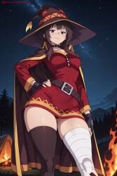 kiraamane ai_generated patreon seductive sexy uncensored watermark hi_res high_quality high_resolution megumin kono_subarashii_sekai_ni_shukufuku_wo! bandages 1girl bandaged_leg witch_hat hat thighhighs gloves belt solo star_(sky) hand_on_hip cape night starry_sky sky dress fingerless_gloves short_hair red_eyes breasts black_legwear blush single_thighhigh looking_at_viewer smile staff black_hair night_sky ass_visible_through_thighs outdoors red_dress black_gloves underwear from_below