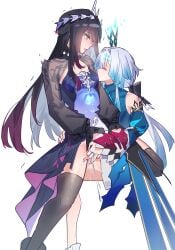 2girls absurdres bare_shoulders black_hair blue_eyes blue_hair breast_sucking breasts cerydra_(honkai:_star_rail) closed_eyes commentary crown detached_sleeves facing_another female_orgasm fingering gloves gradient_hair grey_hair grey_thighhighs hands_on_another's_arm highres honkai:_star_rail honkai_(series) hysilens_(honkai:_star_rail) long_hair long_sleeves looking_at_another mini_crown minto_sakuratou multicolored_hair multiple_girls open_mouth orgasm purple_hair red_gloves ribs small_breasts tearing_up thighhighs untranslatable_commentary very_long_hair white_background yuri