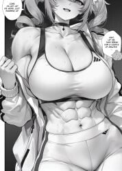 1girls abs aether_(genshin_impact) ai_generated barbara_(genshin_impact) black_choker breasts choker cowboy_shot genshin_impact greyscale highres jacket large_breasts looking_at_viewer monochrome muscular muscular_female re0n smile solo_focus speech_bubble sports_bra sweat toned toned_female twintails veins veiny_arms