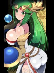 ass choker cleavage green_eyes green_hair hair_ornament halubato kid_icarus long_hair looking_at_viewer nintendo palutena shield sideboob smile staff very_long_hair weapon