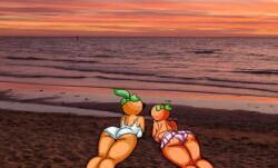 chetoh original original_character original_characters oc mandy_(chetoh) bella_(chetoh) female female_only beach water photo_background sunset sand 2girls orange_body orange leaf_hair leaf swimsuit white_swimsuit mini_skirt bikini_top pink_bikini rear_view ass sunbathing laying_down laying_on_stomach sisters rearboob