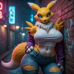 1girls ai_generated alley alleyway animated anthro areola big_breasts black_sclera blue_eyes breasts canine digimon digimon_(species) exposed_breasts female fox furry looking_at_viewer night nipples no_sound outdoors oxandi realistic renamon short_playtime shorter_than_10_seconds standing tagme video