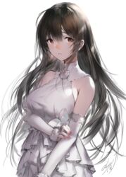 1girls black_hair dress female female_only haori_iori highres long_gloves long_hair no_bra open_mouth original original_character red_eyes red_nails signature simple_background solo solo_female solo_focus white_background