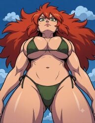 1girl 1girls ai_generated bare_arms bare_legs bare_midriff bare_shoulders bare_skin bare_thighs bikini bikini_bottom bikini_top blue_sky boobs breasts busty busty_female clouds female female_focus female_only from_below from_below_pov from_below_view green_bikini green_bikini_bottom green_bikini_only green_bikini_top green_micro_bikini large_boobs large_breasts looking_at_viewer looking_down looking_down_at_viewer low_angle_shot low_angle_view micro_bikini micro_bikini_bottom micro_bikini_top midriff nomad_of_nowhere outdoors outside red_hair rooster_teeth serious serious_expression serious_face serious_look skout solo solo_female solo_focus standing zupern0va_(manipper)