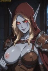 ai_generated jorenzone sylvanas_windrunner warcraft world_of_warcraft milf elf nude big_breasts one_breast_out smirk anime_style sexy game