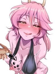 1girl 1other absurdres ashido_mina ashido_mina_time-skip black_dress black_sclera blush boku_no_hero_academia breasts breasts_out chanwara_06 chanwara_06_(sabwara06/wara3977712) cleavage collarbone colored_sclera colored_skin commentary drawing_(action) drawing_on_another dress english_commentary from_above half-closed_eyes halterneck highres holding holding_marker horns large_breasts licking_lips long_hair looking_at_viewer marker mina_ashido mina_ashido_time-skip my_hero_academia nipples paid_reward_available pink_skin pov seductive_smile simple_background sitting smile solo_focus tongue tongue_out white_background yellow_eyes yellow_horns