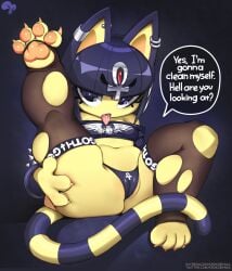 krokobyaka animal_crossing nintendo ankha_(animal_crossing) domestic_cat felid feline felis mammal 2022 digital_media_(artwork) english_text hi_res url 4_toes alternative_fashion ankh anthro bangs black_clothing black_panties black_underwear blue_ears blue_hair bob_cut camel_toe claws clothing dialogue ear_piercing ear_ring feet female finger_claws fingers front print_panties goth hair legwear looking_at_viewer markings navel outer_labia panties pawpads piercing print_clothing print_underwear raised_leg ring_piercing simple_background solo spread_legs spreading striped_markings striped_tail stripes tail tail_markings talking_to_viewer text thigh_highs toe_claws toes tongue tongue_out torn_clothing torn_legwear torn_thigh_highs underwear yellow_body yellow_inner_ear ankha