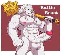 1boy abs anthro balls battle_beast biceps big_balls big_muscles big_penis black_claws black_nose black_sclera claws clothed clothing dreadlocks english_text erection felid finger_claws fur genitals glans hair hanzo_matsumoto holding_mace huge_cock invincible lion long_hair mace male male_only mammal melee_weapon muscular muscular_anthro muscular_male nipples nude pantherine partially_clothed pecs penis pink_glans pink_nipples pink_tip solo swimwear text thick_penis thokk thokk_(invincible) vein veiny_penis weapon weapon_on_shoulder white_balls white_body white_ears white_fur white_penis yellow_eyes