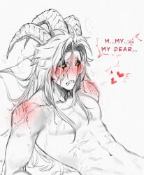black_sclera blush blushing blushing_at_another blushing_at_viewer blushing_face blushing_male dont_mind_me_im_just_adding_extra_tags_:) drool_on_face drooling embarrassed embarrassed_male horns laying_on_back laying_on_bed miya-rrr nude nude_male pierrot_(the_freak_circus) scars_on_arm scars_on_body solo solo_focus solo_male suggestive the_freak_circus white_skin yellow_eyes