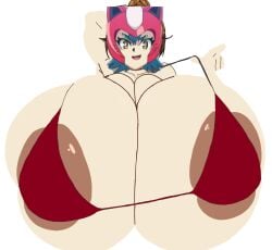 beyblade beyblade_burst big_breasts bikini blue_hair breasts cat-shaped_helmet edited edited_art green_eyeshadow ilya_mao looking_at_viewer smiley_face white_background white_body yellow_eyes