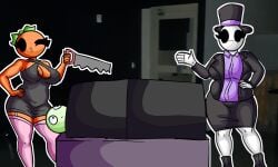 chetoh craig_(chetoh) egg white_body black_eyes original original_character original_characters oc claire_(chetoh) mandy_(chetoh) female female_focus male 2girls1boy smile smiling smiling_at_viewer wink winking_at_viewer magician magic_show saw holding_saw holding_object hand_on_hip looking_at_viewer clothed_female clothed orange_body green_skin leaf leaf_hair photo_background laying_down scared stockings pink_stockings skirt cleavage breasts tophat top_hat
