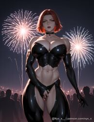1girl abs ai_generated bare_shoulders black_choker bloodrayne breasts choker cleavage crowd elbow_gloves fireworks gloves green_eyes large_breasts latex looking_at_viewer muscular muscular_female navel nyx_x questionable rayne red_hair sensitive short_hair solo thighs