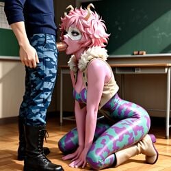 ai_generated mina_ashido my_hero_academia classroom hero hero_outfit_(mha) teasing kneeling blowjob