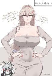 :o alexandrina_sebastiane annoyed annoyed_expression artzyzen belly_button big_breasts brown_hair busty busty_female child_bearing_hips colored_nails curvy curvy_female date dress hair_between_eyes hands_on_hips laizent_art long_hair long_nails male/female mature_female painted_nails pouty_lips red_nails talking_to_another thick_thighs von_lycaon wide_hips wolf zenless_zone_zero