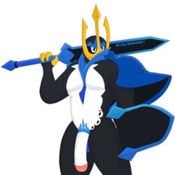 1:1 accessory alpha_channel anthro avian bird blue_eyes cloak clothing cock_ring empoleon genitals hi_res jewelry male melee_weapon muscular muscular_anthro muscular_male nintendo notkastar nude penguin penis penis_accessory penis_jewelry pokémon_(species) pokemon shield solo sword video_games weapon