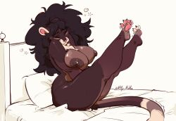 kirikatt felid mammal pantherine hi_res anthro bed big_breasts black_hair breasts brown_body brown_fur eyes_closed female fur furniture hair legs_up long_hair nipples nude on_bed pawpads pillow solo stretching tired waking_up