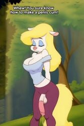 warner_brothers warner_bros animaniacs minerva_mink 1girls 1futa futanari clothing penis penis_out blonde_hair yellow_hair furry anthro mink text ai_generated accurate_art_style balls testicles breasts clevage