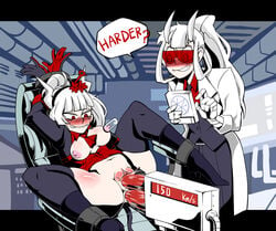 2girls anal areolae azazel_(helltaker) bangs black_legwear blush bondage breasts clitoral_hood clitoris clothed clothed_female deaf_(artist) demon_girl demon_horns double_penetration embarrassed female formal grin hair_between_eyes helltaker horns labcoat long_hair looking_down looking_over_eyewear looking_over_glasses looking_over_sunglasses loremaster_(helltaker) lucifer_(helltaker) machine medium_breasts multiple_girls nipples pants penetration ponytail red-tinted_eyewear red_eyes sex sex_machine sex_slave sex_toy smile speech_bubble spread_legs spread_pussy sunglasses thighhighs thighs tied_hair tinted_eyewear vaginal_penetration vest visor white_hair