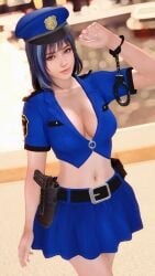 1girls 3d 3d_(artwork) 3dcg absurd_res absurd_resolution alternate_outfit beautiful_woman belted_skirt beltskirt blaster_(artist) blue_eyes blue_miniskirt blue_skirt character_request cleavage collarbone dead_or_alive dead_or_alive_xtreme_venus_vacation edited_screencap femsub game_cg handcuffs happy_female holstered_pistol huge_breasts mature_woman miniskirt navel pistol pleated_miniskirt pleated_skirt police_uniform posing short_hair_female short_skirt skirt source_request standing unbothered