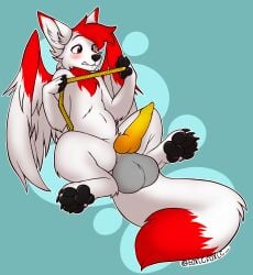 absurd_res anthro balls big_balls big_penis blush canid canine erection feral fox genitals hi_res huge_balls huge_penis hybrid hyper hyper_balls hyper_genitalia invalid_tag male male/male mammal multicolored_body penis saggy_balls shy sitting size_difference small_but_hung smaller_male solo surprised tape_measure toxicfoxic unwanted_erection virgin wings xionthefoxie