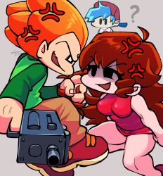 anger_vein arguing auburn_hair bare_legs blue_hair boyfriend_(friday_night_funkin) breasts curvy dress fighting fighting_over_boy friday_night_funkin girlfriend_(friday_night_funkin) gun high_heels legs long_hair orange_hair pico_(newgrounds) pulling_hair red_dress red_heels thick_thighs viruszeke_art
