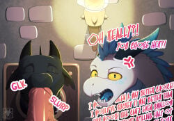 award dragon duo english_text erection eyes_closed female feral genitals hi_res looking_at_viewer male male/female mythological_creature mythological_scalie mythology n1k0 oral oral_penetration penetration penis scalie text trophy trophy_head