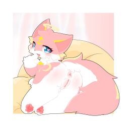 absurd_res anus domestic_cat felid feline felis female feral fur genitals hi_res humanoid_genitalia humanoid_vulva kemono lying mammal neisawa neisawa(neisawawww) open_mouth open_smile pink_body pink_fur rear_view simple_background smile solo vulva white_body white_fur