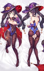 ass back bare_shoulders black_gloves black_hair black_legwear blue_cape blue_headwear blue_leotard bodystocking breasts breasts_out cape choker covered_navel dakimakura_(medium) detached_sleeves earrings elbow_gloves female fur_collar genshin_impact gloves gold_trim green_eyes hat hat_ornament highleg highleg_leotard jewelry legs leotard long_hair looking_at_viewer looking_back medium_breasts mona_(genshin_impact) multiple_views nipples no_shoes pantyhose pussy senbon_tsuki star_(symbol) star_earrings thighlet twintails witch_hat