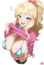 1girls absurdres aqua_bikini areola_slip bikini black_thighhighs blonde_hair blue_bow blue_bowtie blue_eyes blush bow bowtie breasts cleavage clothes_lift cropped_legs fingernails hair_ornament hair_scrunchie heart highres huge_breasts idolmaster idolmaster_cinderella_girls large_breasts lifting_own_clothes long_hair long_sleeves looking_at_viewer mrhunking nail_polish ohtsuki_yui pink_sweater ponytail scrunchie side-tie_bikini_bottom sidelocks simple_background skindentation smile solo sweater sweater_lift swimsuit thighhighs very_long_hair white_background