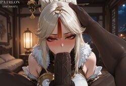 1boy 1girl :>= ai_generated artist_name bangs bare_shoulders blush breasts clothed_female_nude_male clothing dark-skinned_male dark_penis dark_skin dress erection fellatio female fur_collar fur_trim genshin_impact hair_ornament hair_stick hairpin hand_on_another's_head hetero hilichurl huge_penis indoors interracial interspecies lantern large_breasts large_penis long_hair looking_at_viewer makeup male moon mosaic_censoring night ningguang_(genshin_impact) nude oral parted_bangs penis pov_crotch red_eyes saliva sidelocks sky solo_focus sweat tassel tassel_hair_ornament vantawaifu veins veiny_penis very_dark_skin white_hair