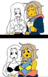 2girls belly_button bra breasts breasts_out clothed clothing dialogue female female_only layunu long_hair noob noob_(roblox) open_mouth roblox roblox_avatar roblox_youtuber robloxian short_hair smile soylave spanish_text stomach text undressing xiaro youtube youtuber