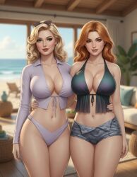 2girls ai_assisted ai_generated amber_eyes arms_around_partner beach beach_house belly_button bikini_bottom blonde_hair blurry_background camo_print carpet cleavage collared_shirt cute_clothing drapes eyelashes female front-tie_top gemini ginger_hair grey_eyes grok halter_top hourglass_figure inner_sideboob interior large_breasts light-skinned_female lipstick long_hair long_sleeves looking_at_viewer loose_hair midriff milf ocean ocean_background open_shirt rgomez007 seductive_look self_upload sleeveless slight_smile standing sunglasses_on_head thick_lips thick_thighs unbuttoned_bottomwear undone warm_lighting wavy_hair wide_hips wooden_floor