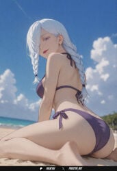 1girl solo long_hair breasts looking_at_viewer smile bangs bare_shoulders medium_breasts sitting closed_mouth purple_eyes swimsuit ass braid white_hair bikini thighs outdoors sky barefoot day looking_back cloud from_behind hair_over_one_eye blurry twin_braids feet blue_sky blurry_background side-tie_bikini_bottom ocean back wariza beach soles sand purple_bikini frenzyai ai_generated mei_mei_(jujutsu_kaisen) jujutsu_kaisen